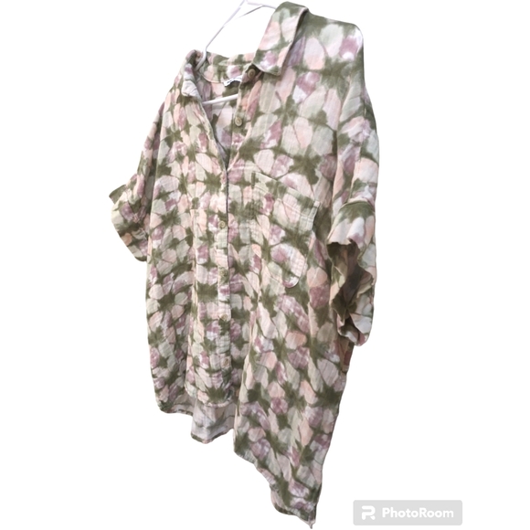 Sonoma Oversized Button Down Short Sleeve Top Cream Green Sz X-Large - Picture 3 of 7